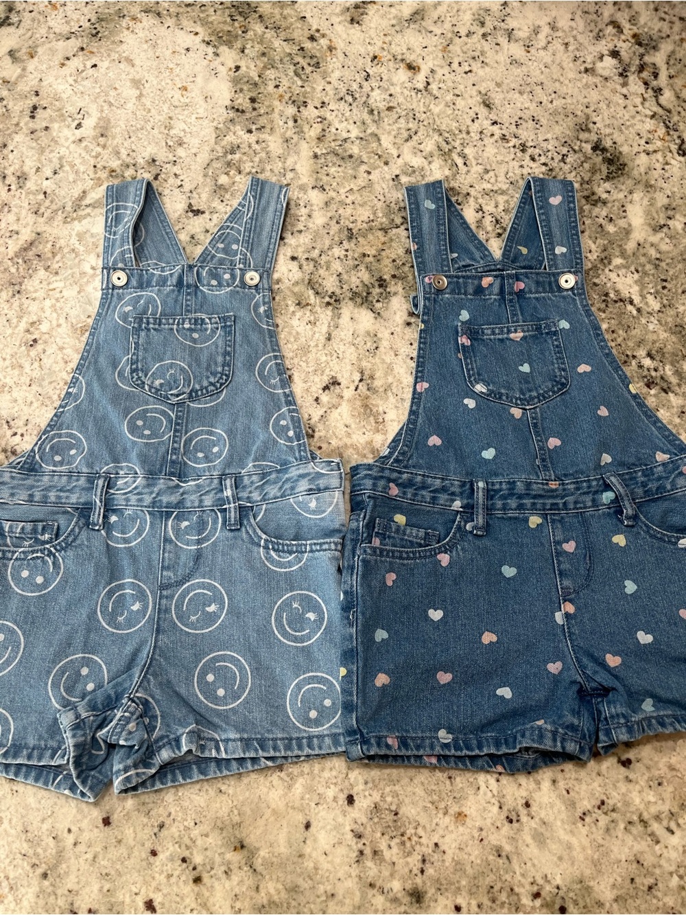 The Children’s Place Girls Denim Short Overalls Lot of 2 Size 6X/7 Hearts Smiley